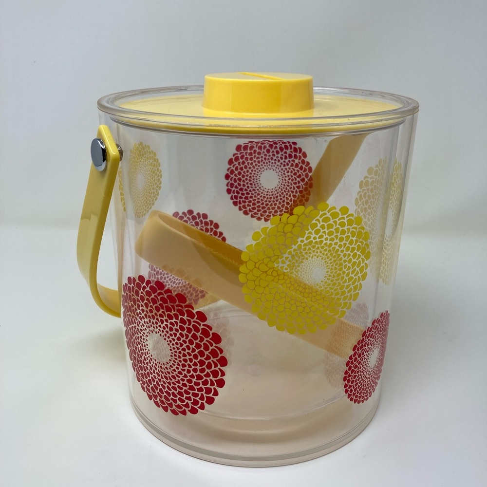 Vintage 90s Yellow Orange Flower Ice bucket with Tongs, Serving Set - Picture 7 of 7